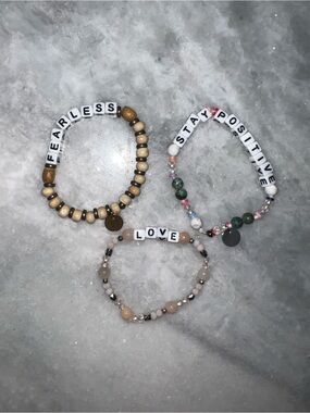Custom beaded Bracelet set of 3- Neutral Wood & White Letter Beads. Make bundles
